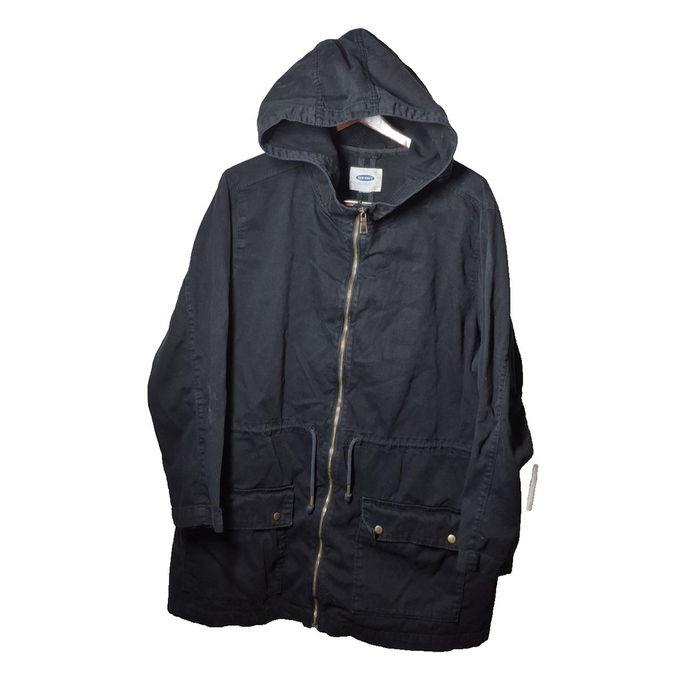 Old Navy Jacket Womens 2XL‎ Black Hooded Parka Cotton Utility Pockets Zip Front